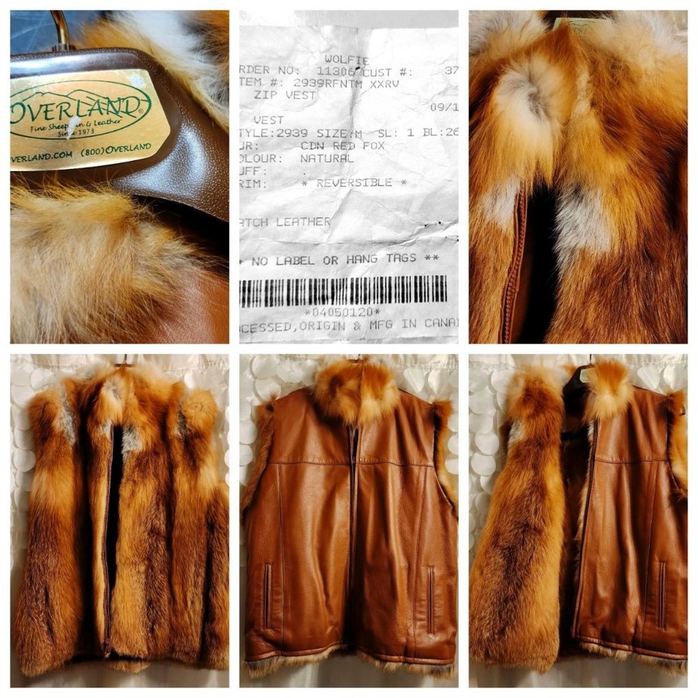 VEST, Natural Canadian RED FOX FUR zip reversible side in matching leather